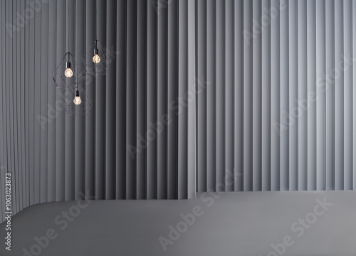 Decorative grey wall background and lamp concept, chair sofa and furniture design. Dark color floor.