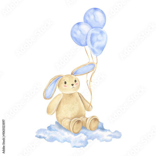 Adorable watercolor bunny toy illustration, holding blue pastel balloons and flying on fluffy clouds. This cute hand drawn clipart against a white background perfect for baby showers or nursery decor
