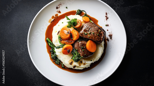 Gourmet dish with seared beef medallions, mashed potatoes, glazed carrots, and greens served with rich brown sauce on a white plate against a dark backdrop.