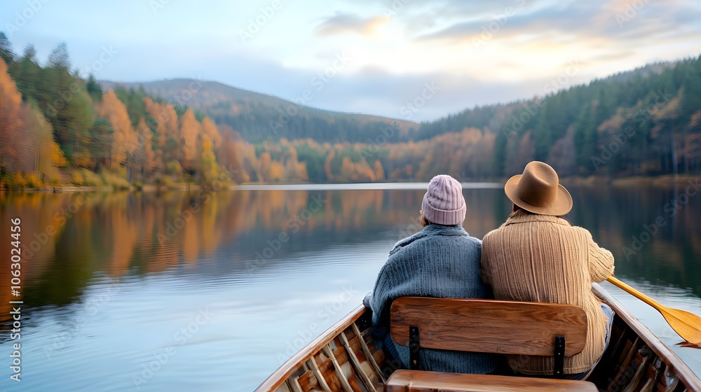 Senior couple travel wealth freedom concept. A serene autumn scene of two people in a boat on a tranquil lake, surrounded by vibrant fall foliage and gentle mountains. Senior couple travel wealth freedom concept. A serene autumn scene of two people in a boat on a tranquil lake, surrounded by vibrant fall foliage and gentle mountains.