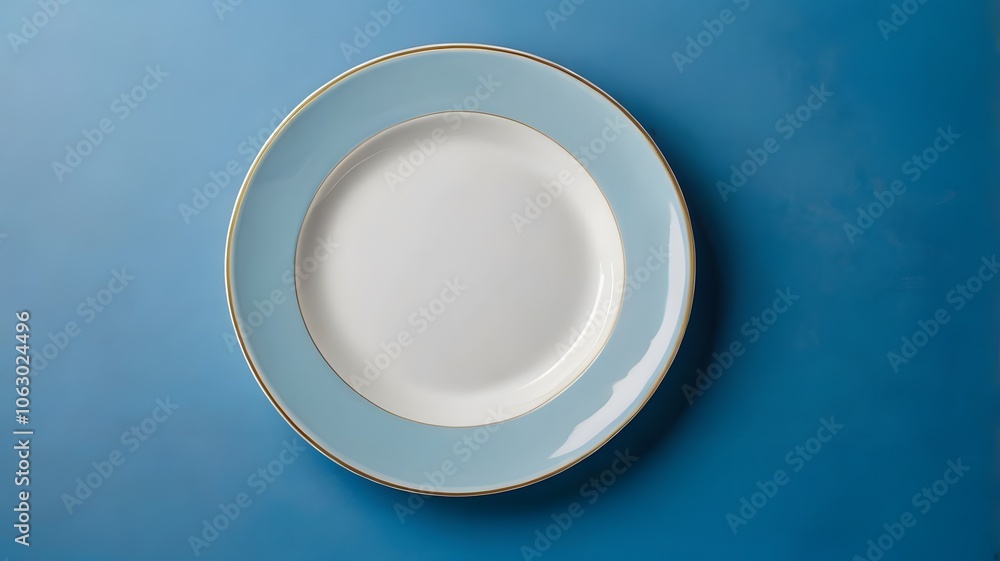 Empty white food plate mockup on blue background, isolated simple minimal kitchen dishware presentation theme Empty white food plate mockup on blue background, isolated simple minimal kitchen dishware presentation theme