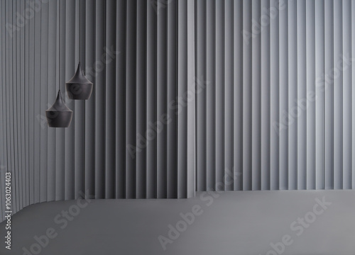 Decorative grey wall background and lamp concept, chair sofa and furniture design. Dark color floor.