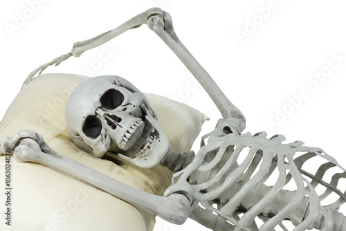 Human skeleton plastic model sleep on a pillow isolated full transparent PNG.