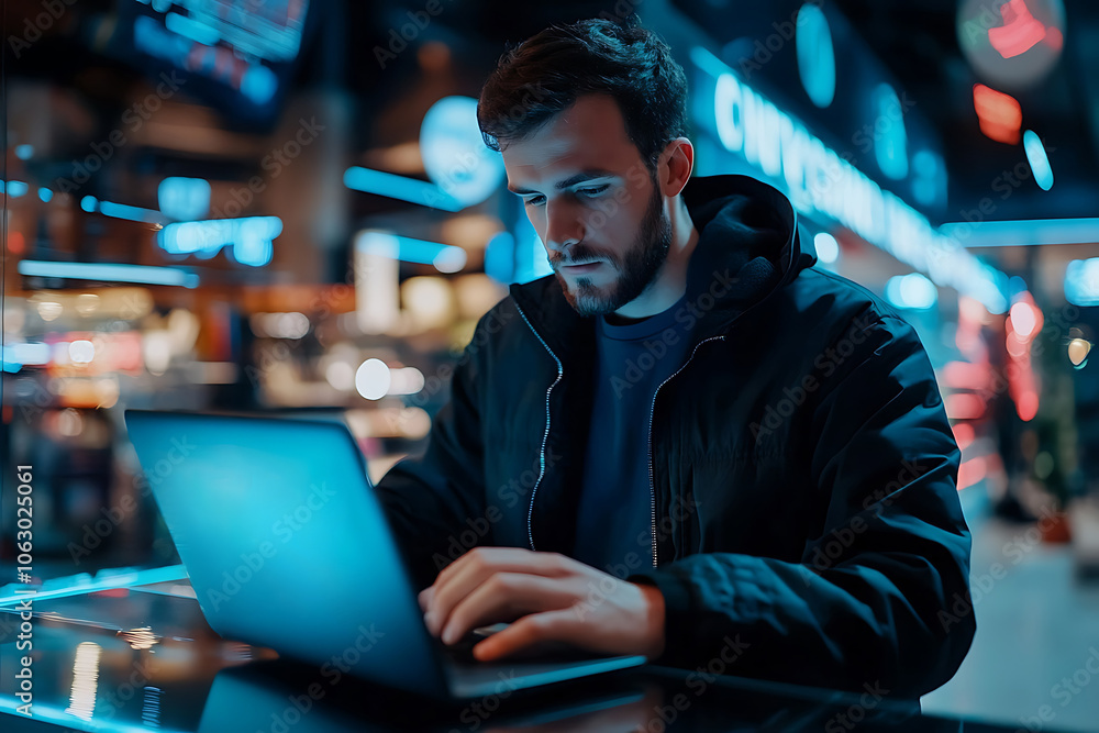 Young man using laptop in modern office with blue neon lights, working late at night Young man using laptop in modern office with blue neon lights, working late at night