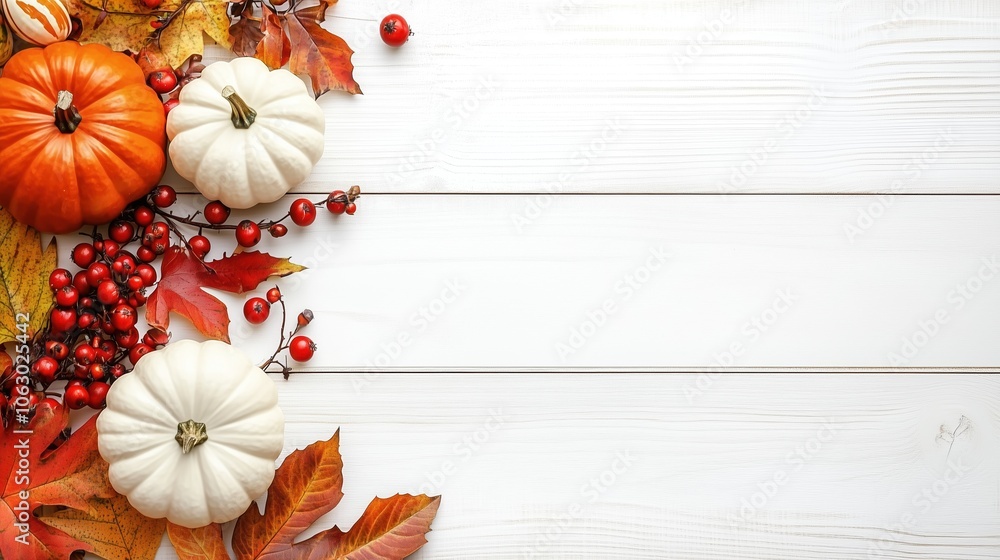 Rustic autumn background on white wooden tabletop decorated with pumpkins, colorful autumn leaves, and berries, perfect for Thanksgiving or fall season themes. Ideal for seasonal designs with abundant Rustic autumn background on white wooden tabletop decorated with pumpkins, colorful autumn leaves, and berries, perfect for Thanksgiving or fall season themes. Ideal for seasonal designs with abundant
