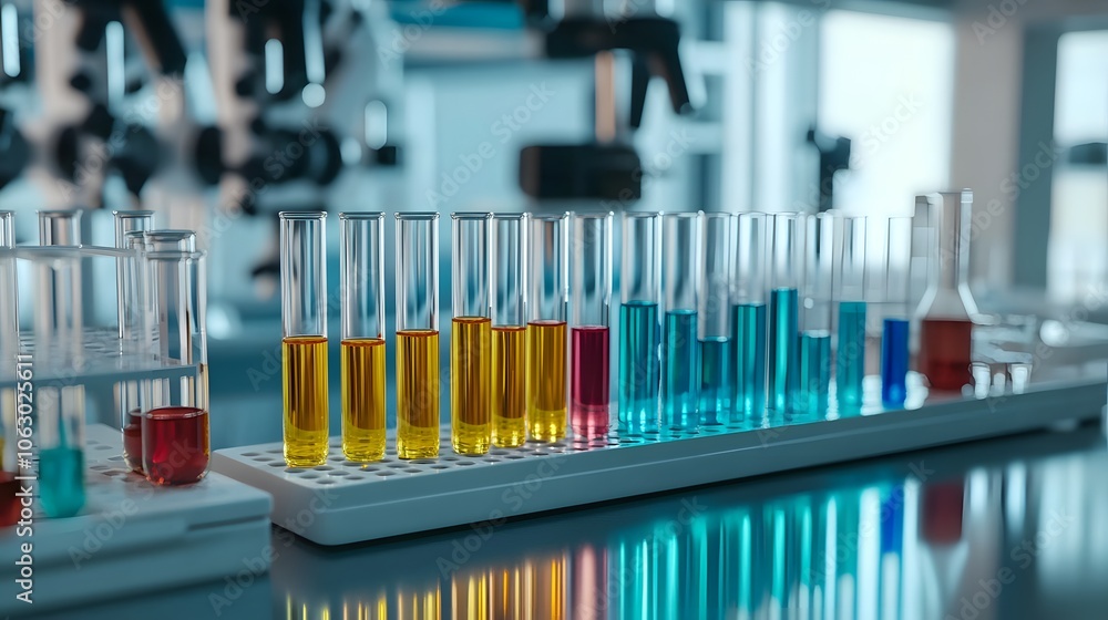 A rack of test tubes filled with colorful liquids in a laboratory setting A rack of test tubes filled with colorful liquids in a laboratory setting