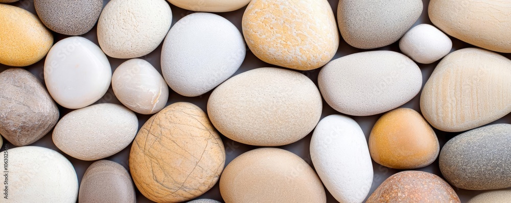 Variety of smooth stones in different colors and shapes on a light background. Variety of smooth stones in different colors and shapes on a light background.