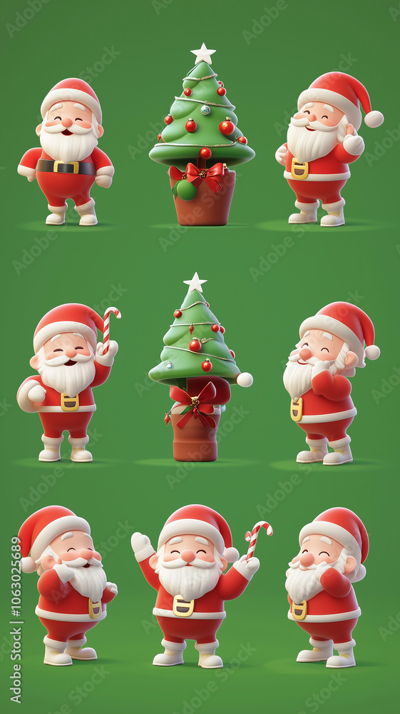 Cute 3D Santa Claus Characters and Christmas Tree Set, Festive Cartoon Illustration Cute 3D Santa Claus Characters and Christmas Tree Set, Festive Cartoon Illustration