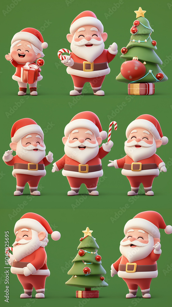 Cute 3D Santa Claus Characters and Christmas Tree Set, Festive Cartoon Illustration Cute 3D Santa Claus Characters and Christmas Tree Set, Festive Cartoon Illustration