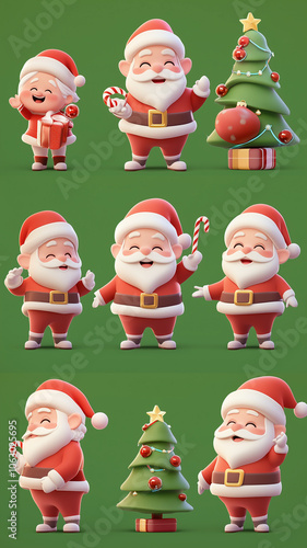 Cute 3D Santa Claus Characters and Christmas Tree Set, Festive Cartoon Illustration