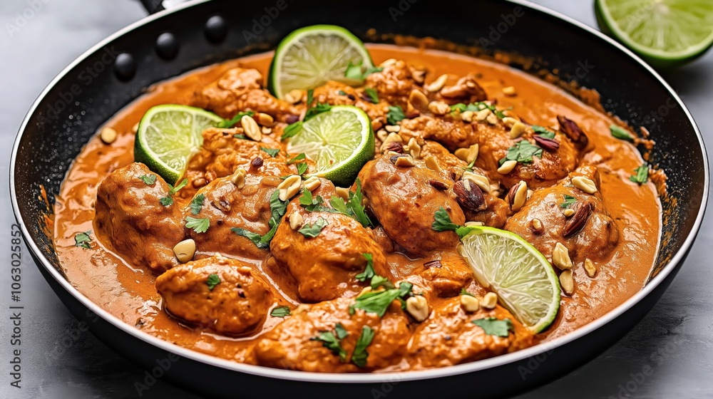Close-up of a pan filled with creamy peanut chicken curry garnished with lime slices, cilantro, and peanuts Close-up of a pan filled with creamy peanut chicken curry garnished with lime slices, cilantro, and peanuts
