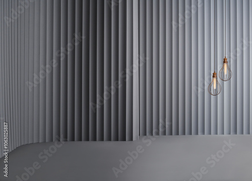 Decorative grey wall background and lamp concept, chair sofa and furniture design. Dark color floor.
