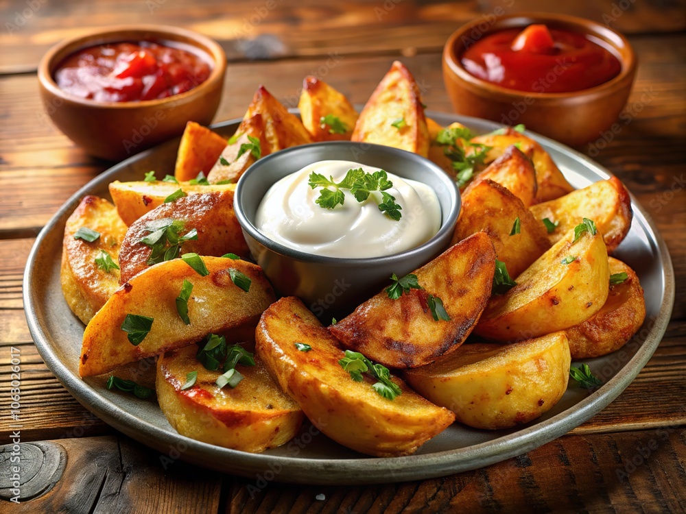 Savor the crunch of golden potato wedges served with luscious mayonnaise and tangy chili sauce—an irresistible treat that’s perfect for sharing or indulging solo. Savor the crunch of golden potato wedges served with luscious mayonnaise and tangy chili sauce—an irresistible treat that’s perfect for sharing or indulging solo.
