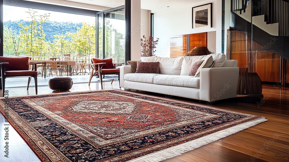 A living room with a white couch, a patterned rug, and large windows overlooking a yard. A living room with a white couch, a patterned rug, and large windows overlooking a yard.