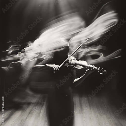 A woman plays the violin with motion blur, creating a ghostly effect.