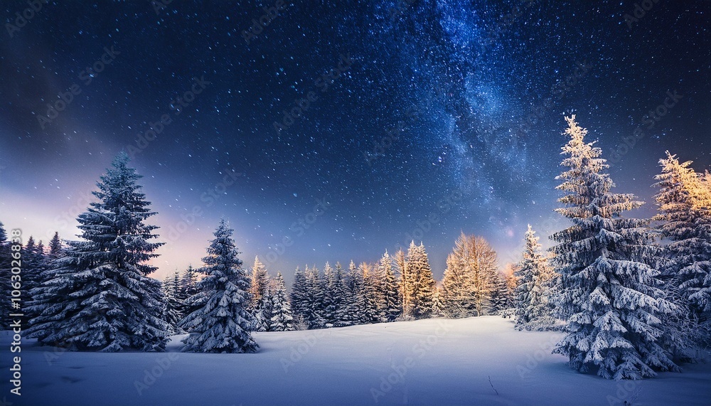 A christmas scene with trees and stars in the sky A christmas scene with trees and stars in the sky