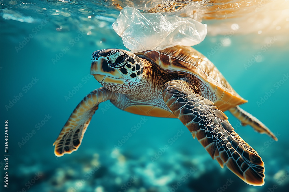 Obraz premium Sea Turtle Swimming Near Floating Plastic Waste