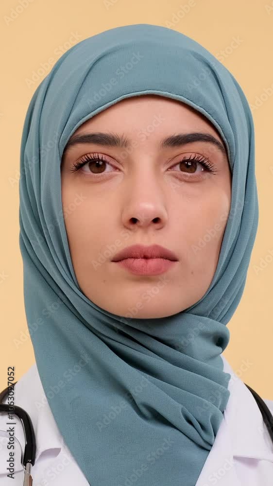 Close up portrait of a serious, pensive or thoughtful Arabian female doctor or nurse wearing hijab on beige background. Vertical video. Close up portrait of a serious, pensive or thoughtful Arabian female doctor or nurse wearing hijab on beige background. Vertical video.