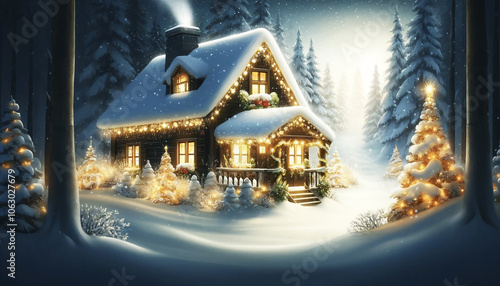 Christmas and New Year. The winter christmas village is a beautiful sight. A beautiful house in the forest, the snow is falling softly and the lights are shining. Vintage Postcard postcard