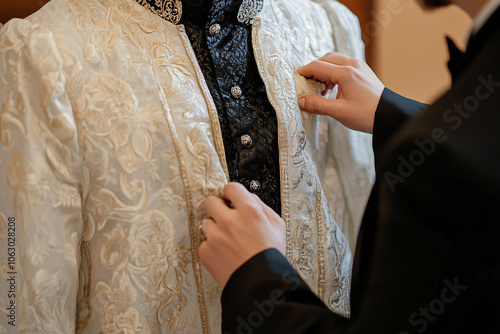 Traditional groom's attire with rich embroidery being carefully adjusted by a friend in a close-up that highlights cultural elegance
 photo