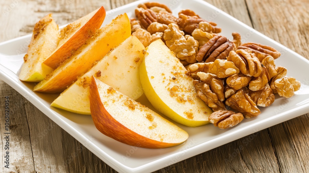 Fresh Apple Slices with Nut Medley on White Plate Fresh Apple Slices with Nut Medley on White Plate