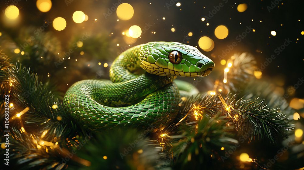 Fototapeta premium A vibrant green snake resting on pine branches adorned with golden lights during a festive evening