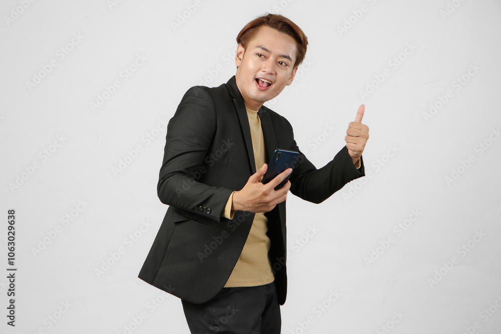 portrait of happy asian businessman wearing suit holding mobile phone giving thumb up gesture on isolated background. portrait of happy asian businessman wearing suit holding mobile phone giving thumb up gesture on isolated background.