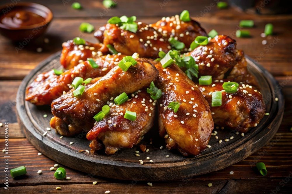 Close-Up of Delicious Glazed Chicken Wings Topped with Sesame Seeds and Fresh Green Onions for Mouthwatering Food Photography Close-Up of Delicious Glazed Chicken Wings Topped with Sesame Seeds and Fresh Green Onions for Mouthwatering Food Photography