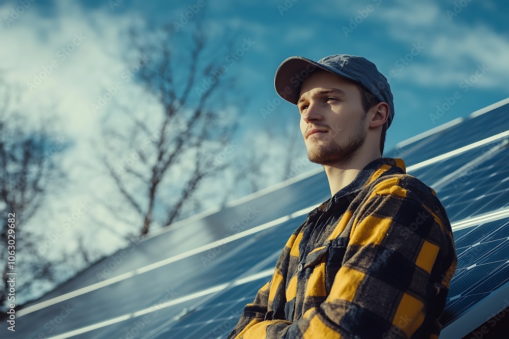 Engineer is working with solar energy, installing photovoltaic panels on a roof Engineer is working with solar energy, installing photovoltaic panels on a roof