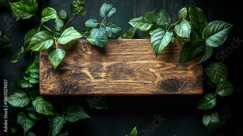 Wooden board for inscription with greenery photo