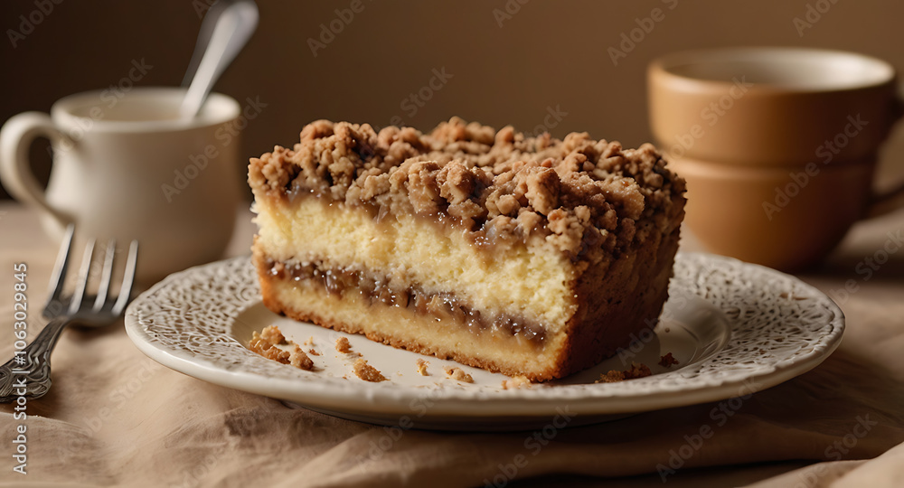 Coffee cake with crumb topping on a warm beige background. Coffee cake with crumb topping on a warm beige background.