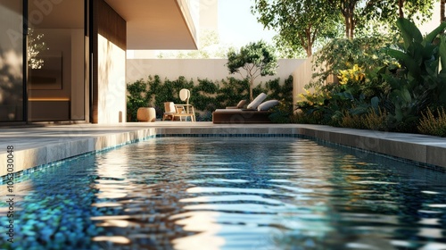 A luxurious villa pool garden with a sleek infinity pool overlooking a rolling landscape, lined with palm trees, white pebbles, and minimalist lounge chairs