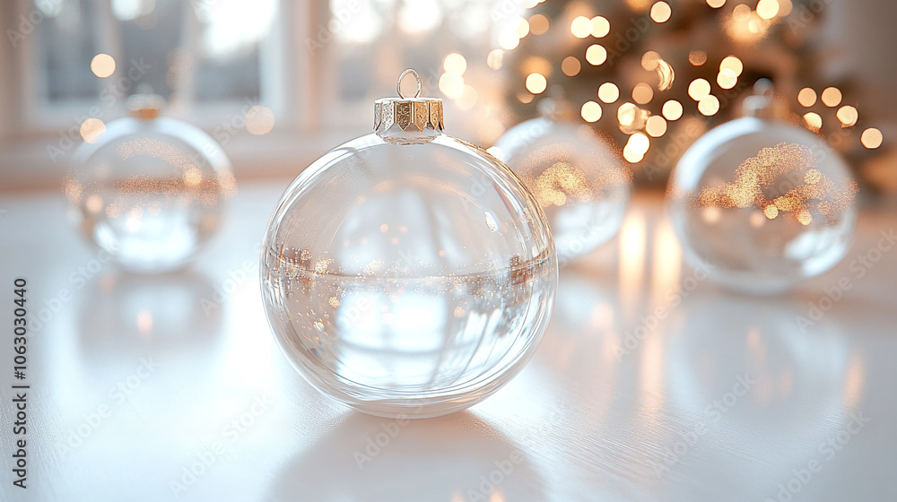 Elegant Glass Christmas Ornaments in Snowy Close-Up Elegant Glass Christmas Ornaments in Snowy Close-Up