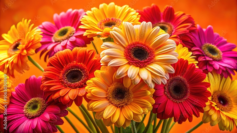 Summer-autumn gerbera blooms, vibrant orange backdrop, close-up card. Summer-autumn gerbera blooms, vibrant orange backdrop, close-up card.