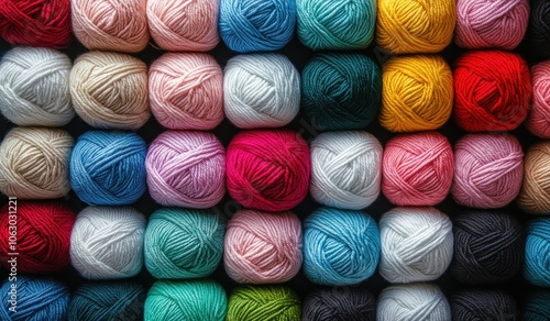 Colorful balls of yarn arranged in rows and columns, creating an abstract background for knitting or craft activities