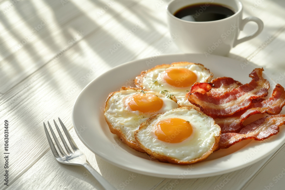 Breakfast with omelette, bacon and coffee, top view, banner, light background. There is an omelet with bacon and a morning cappuccino on a plate, next to a fork. American Breakfast Breakfast with omelette, bacon and coffee, top view, banner, light background. There is an omelet with bacon and a morning cappuccino on a plate, next to a fork. American Breakfast