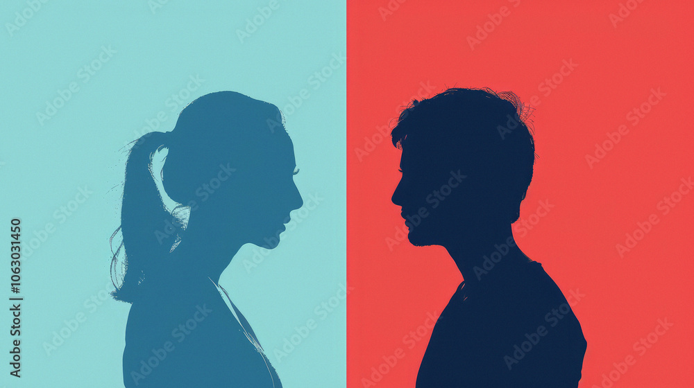Silhouettes of a couple facing each other against contrasting backgrounds. Man and a woman in a quarrel. Concept of divorce, misunderstanding in family. Silhouettes of a couple facing each other against contrasting backgrounds. Man and a woman in a quarrel. Concept of divorce, misunderstanding in family.