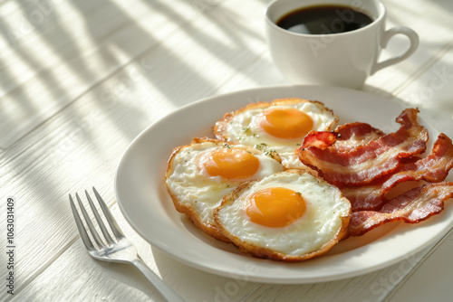 Breakfast with omelette, bacon and coffee, top view, banner, light background. There is an omelet with bacon and a morning cappuccino on a plate, next to a fork. American Breakfast