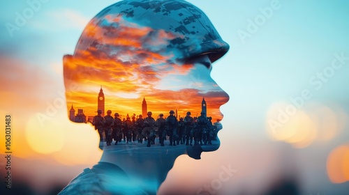 Soldiers advancing in a disciplined march, protective helmets visible, focus on camaraderie, copy space, rich color tones, Double exposure silhouette with national landmarks