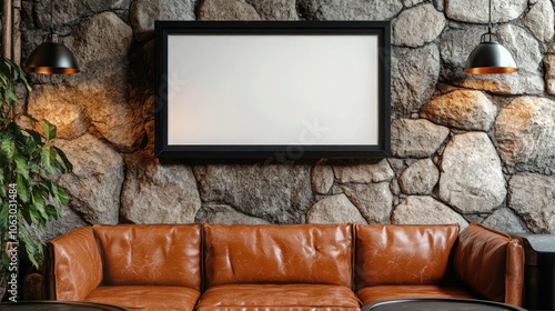 Fototapeta Naklejka Na Ścianę i Meble -  Narrow black frame mockup displayed on a stone wall above a leather sofa, with rustic decor and natural lighting highlighting the space