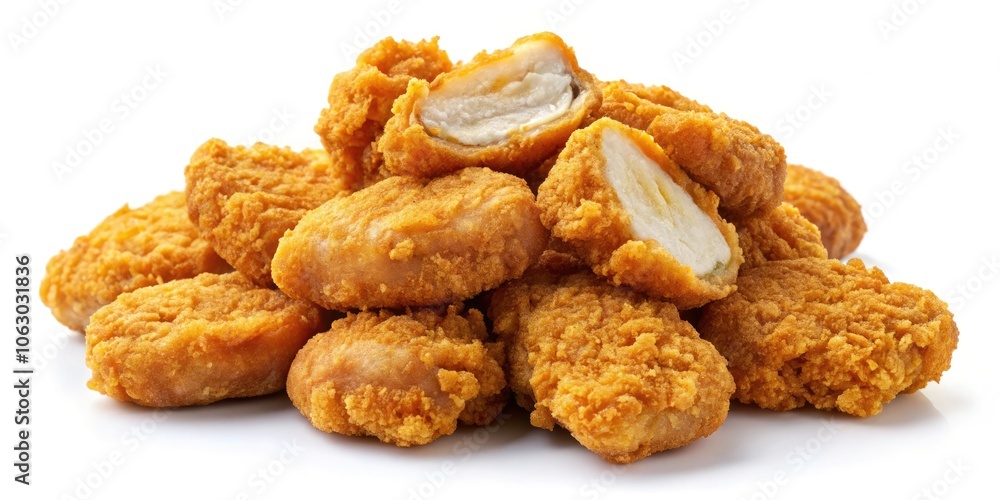 Delicious Pile of Chicken Nuggets with One Broken Open on White Background - Perfect for Food Lovers and Culinary Imagery Delicious Pile of Chicken Nuggets with One Broken Open on White Background - Perfect for Food Lovers and Culinary Imagery