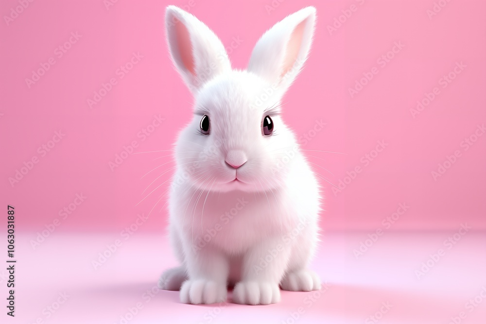 Obraz premium A white bunny with pink eyes sits on a pink background.