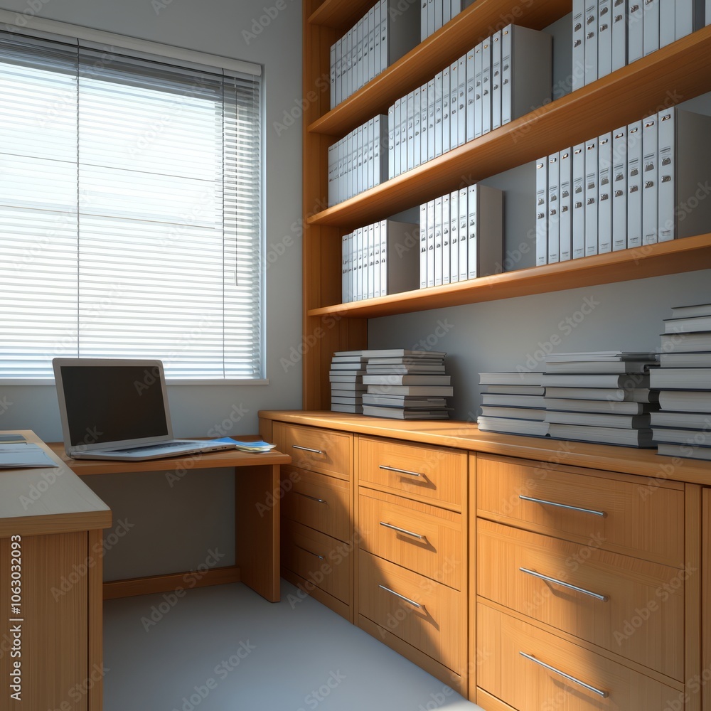 A modern office space featuring a desk, computer, and organized shelves. A modern office space featuring a desk, computer, and organized shelves.