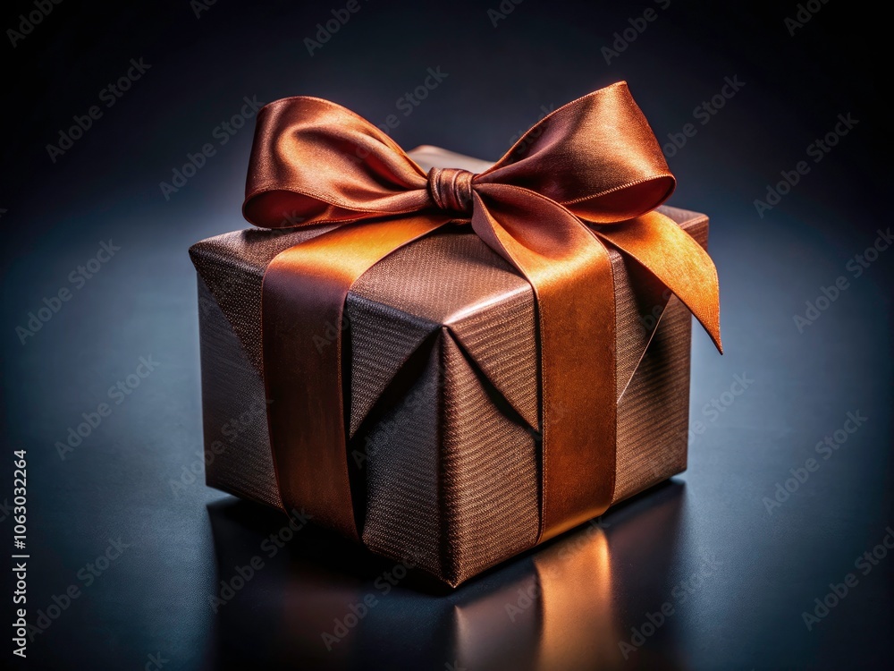 Obraz premium Elegant Gift Box with Brown Ribbon on Black Background - Perfect for Celebrations, Birthdays, and Special Occasions, Ideal for Stock Photos and E-commerce Displays