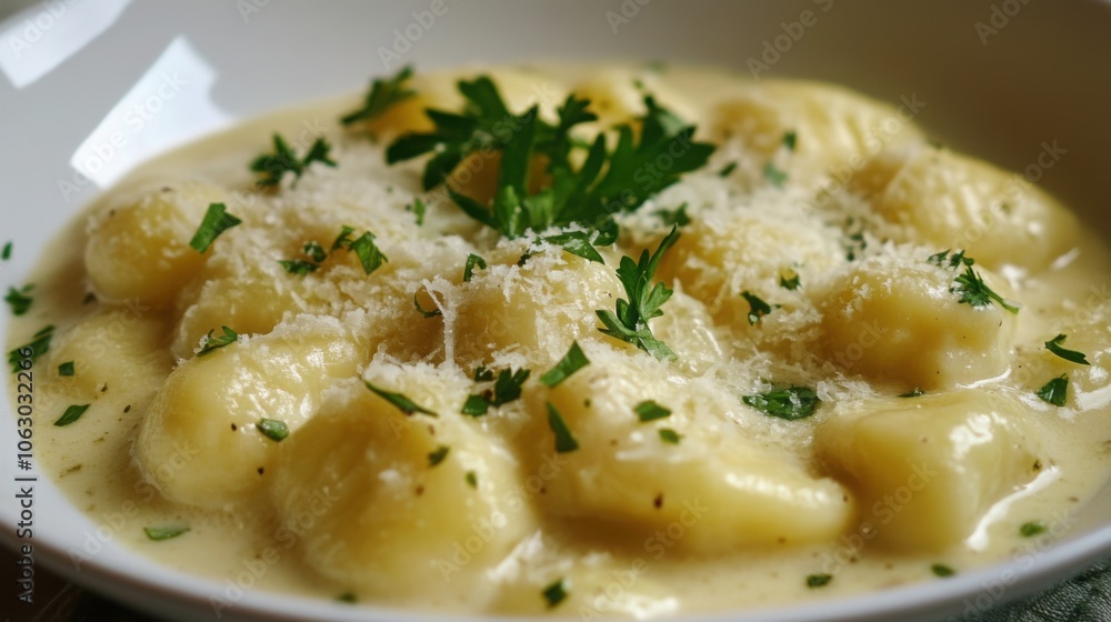 Homemade gnocchi with a rich, creamy sauce, garnished with fresh herbs and Parmesan Homemade gnocchi with a rich, creamy sauce, garnished with fresh herbs and Parmesan