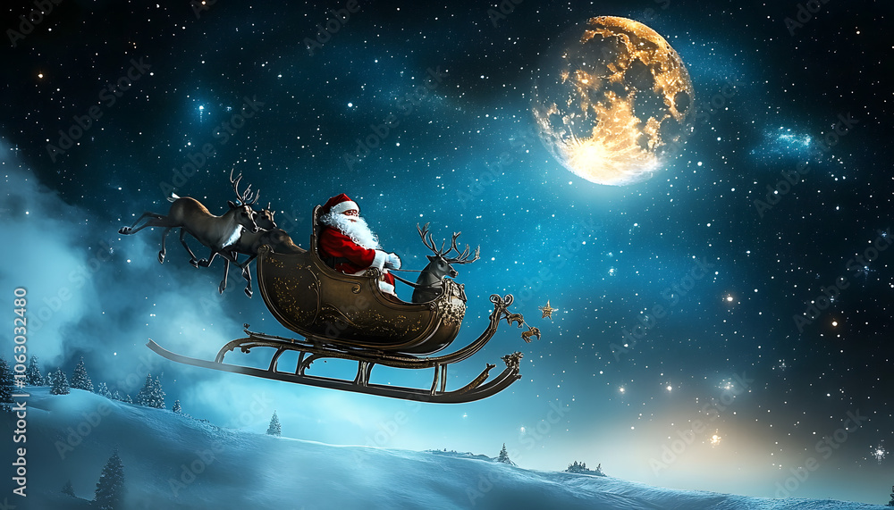 Santa Claus in his sleigh, ready to take flight on Christmas Eve. a dynamic the sleigh, reindeer, and Santa in his traditional outfit against a starry, moonlit night sky. Santa Claus in his sleigh, ready to take flight on Christmas Eve. a dynamic the sleigh, reindeer, and Santa in his traditional outfit against a starry, moonlit night sky.