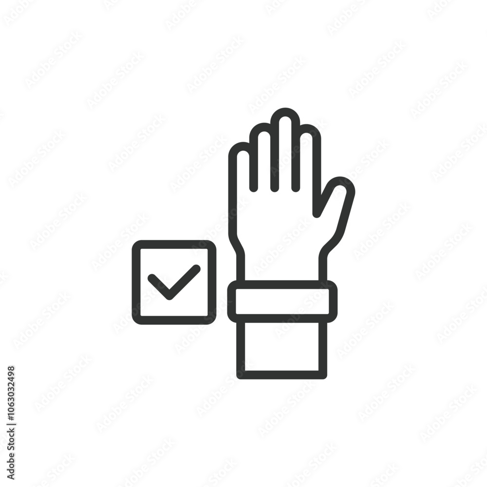 Voting hand, icon in line design. Voting, gesture, voting symbol, ballot, raised hand, election hand, decision gesture on white background vector. Voting hand editable stroke icon Voting hand, icon in line design. Voting, gesture, voting symbol, ballot, raised hand, election hand, decision gesture on white background vector. Voting hand editable stroke icon