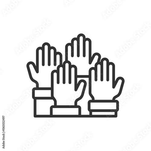 Raised hands, icon in line design. Raised hands, hands up, group participation, community support, teamwork, solidarity, unity symbol on white background vector. Raised hands editable stroke icon