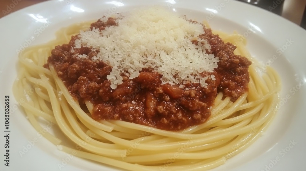 Italian bolognese pasta with a rich meat sauce, served with a sprinkle of Parmesan cheese Italian bolognese pasta with a rich meat sauce, served with a sprinkle of Parmesan cheese
