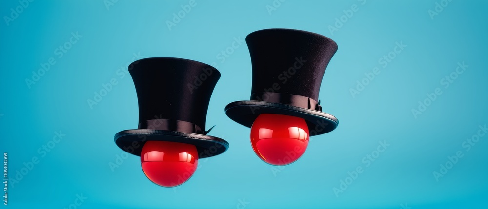 Floating red spheres with black top hats on blue background Floating red spheres with black top hats on blue background